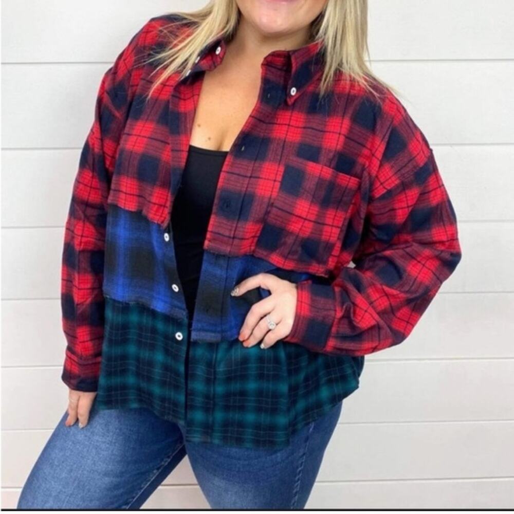Sugarfox Plaid Color Block Button Down Shirt - Blue, Red, Green Size 2X